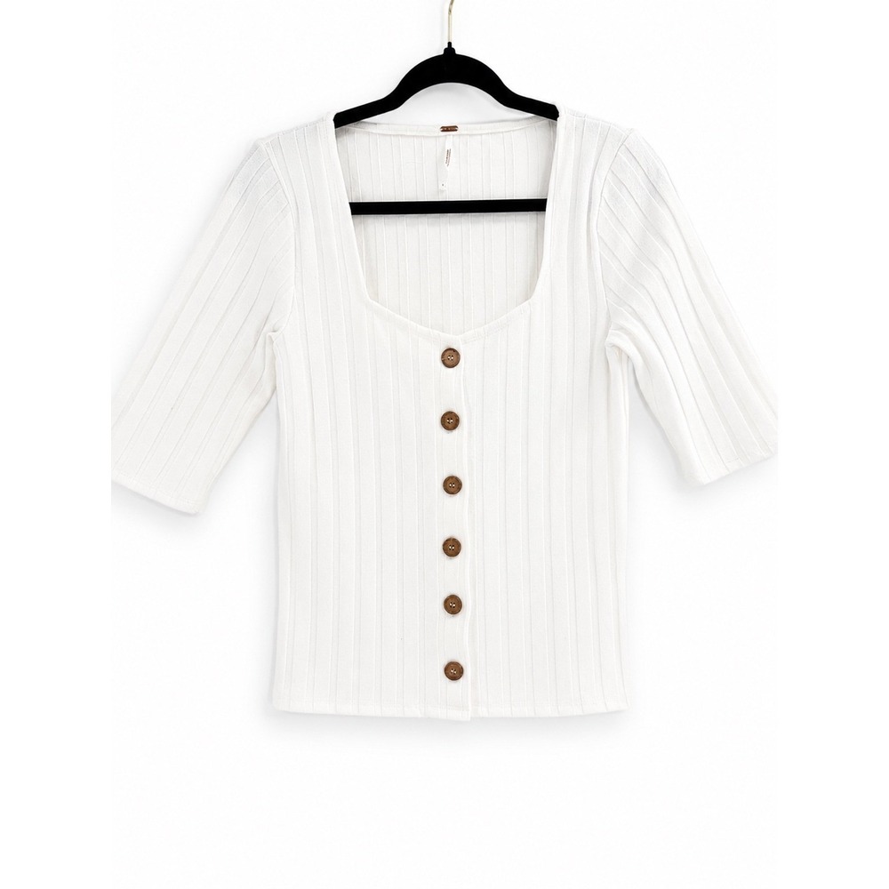 Free People Central Park Top Women L White‎ Ribbed Button Front Boho Minimalist